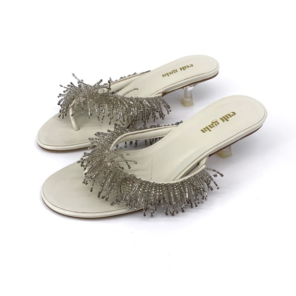 CULT GAIA Hera Beaded Fringe Leather Thong Sandals White Silver 37